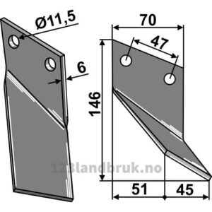 Rotorfreskniv - 146x70x6mm - Høyre - Rota Dairon