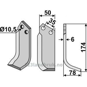 Rotorfreskniv - 174x50x6mm - Høyre - Nibbi Decimo, Sovema, Valpadana