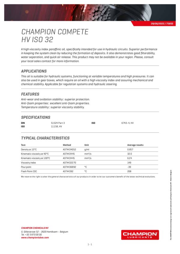 CHAMPION COMPETE HV ISO 32 - Hydraulikkolje - 20 liter