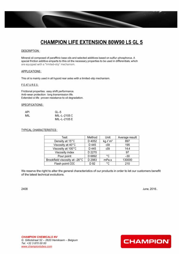 CHAMPION LIFE EXTENSION 80W90 LS GL5 - Girolje - 1 liter