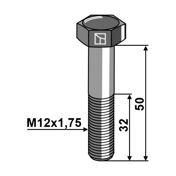 Sekskantskrue - Galv - 10.9 - M12x1,75x50 mm