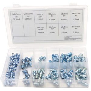 Vare: 110 deler smørenippelsett - M6 - M8 - M10, Smørenippel Gjenger: M6x1, M8x1,25, M8x1, M10x1, Smørenippel Grader: 45°, 90°, 180°, Smørenippel Farge: El-Zink,